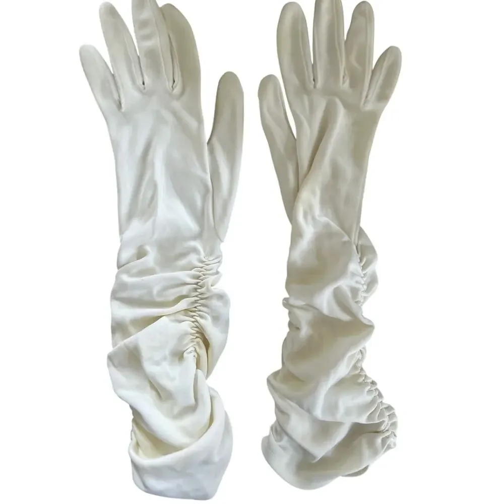 Vintage 50s 60s White Ruched Nylon Opera Gloves Elbow Length